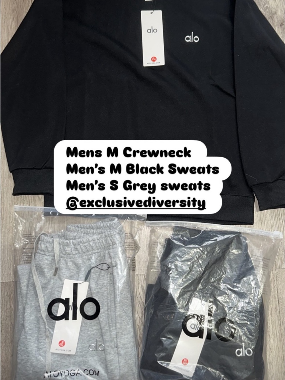 ALO Men’s Crewneck Sweatshirt-grey/black unhemmed sweats in M/S